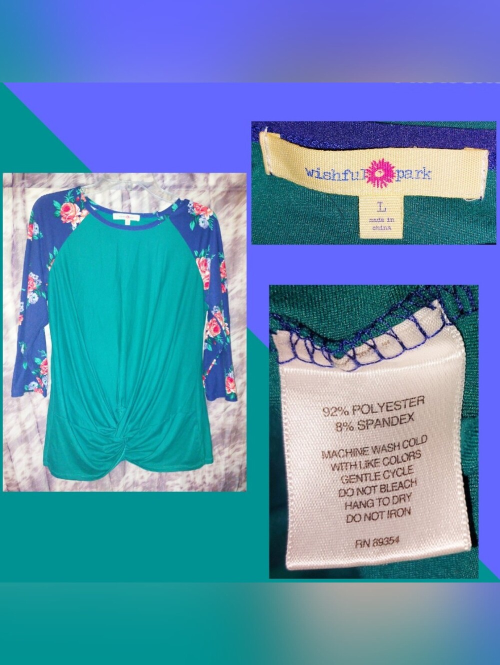 Wishful Park Teal Grn-Blue/Multiclr Colorblock w/Floral Raglan Slv Knit Top Sz L